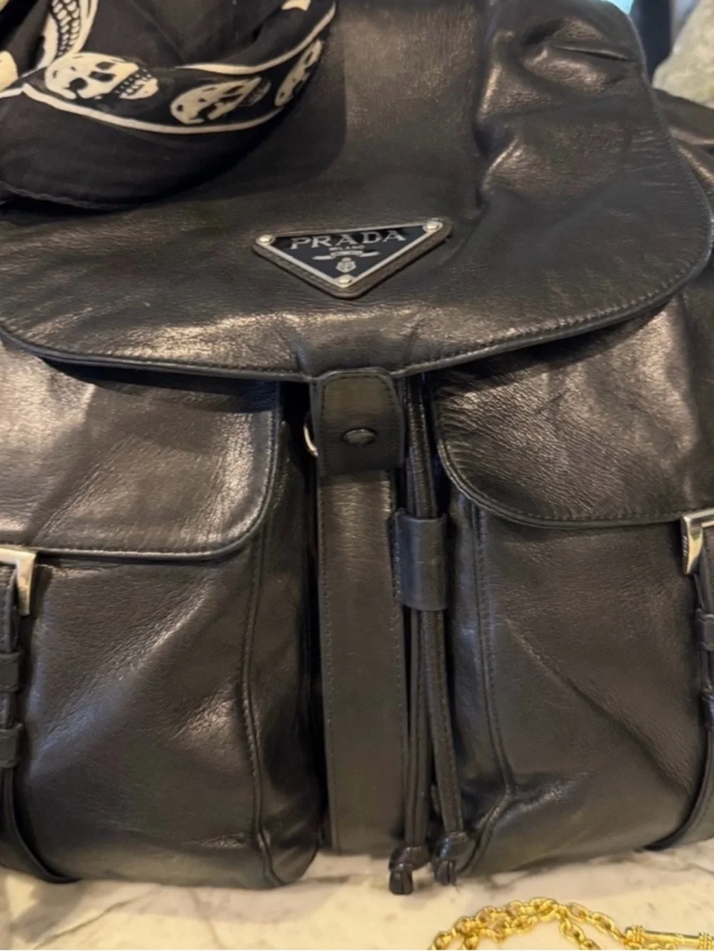 Prada Black Soft Calfskin Leather Drawstring Backpack w/ Dual Pockets - Picture 6 of 7